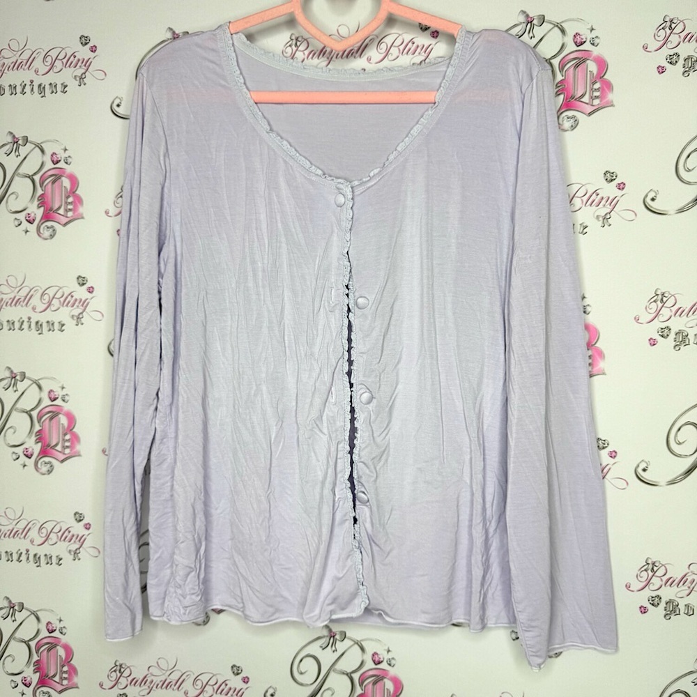 Cardigan lilac long sleeve button up ruffle frilly hem trim soft cozy comfy cute